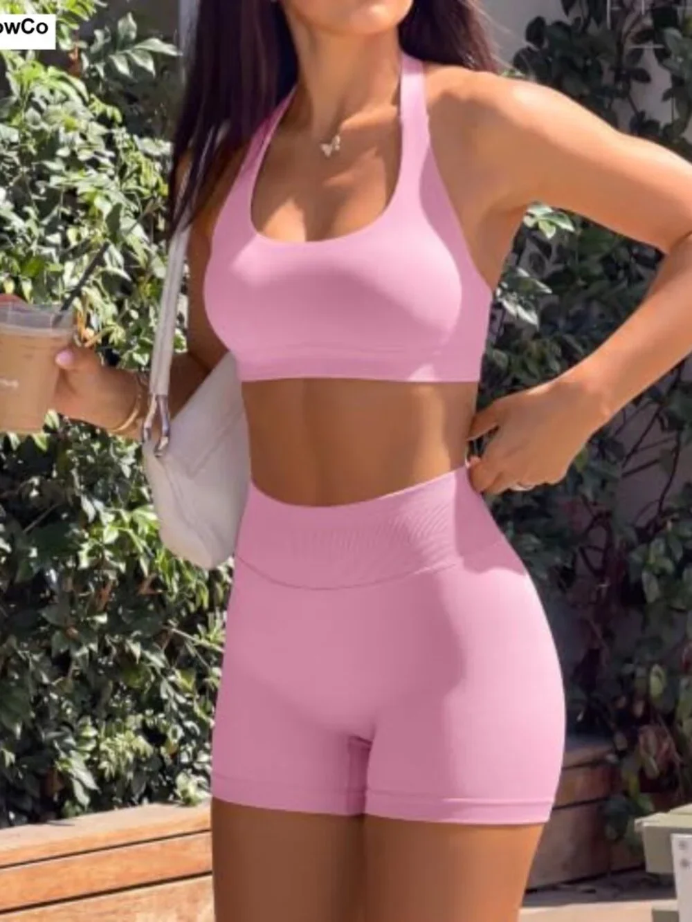 Women 2 Piece Seamless Halter Sports Bra Scrunch Butt Gym Shorts Matching Set